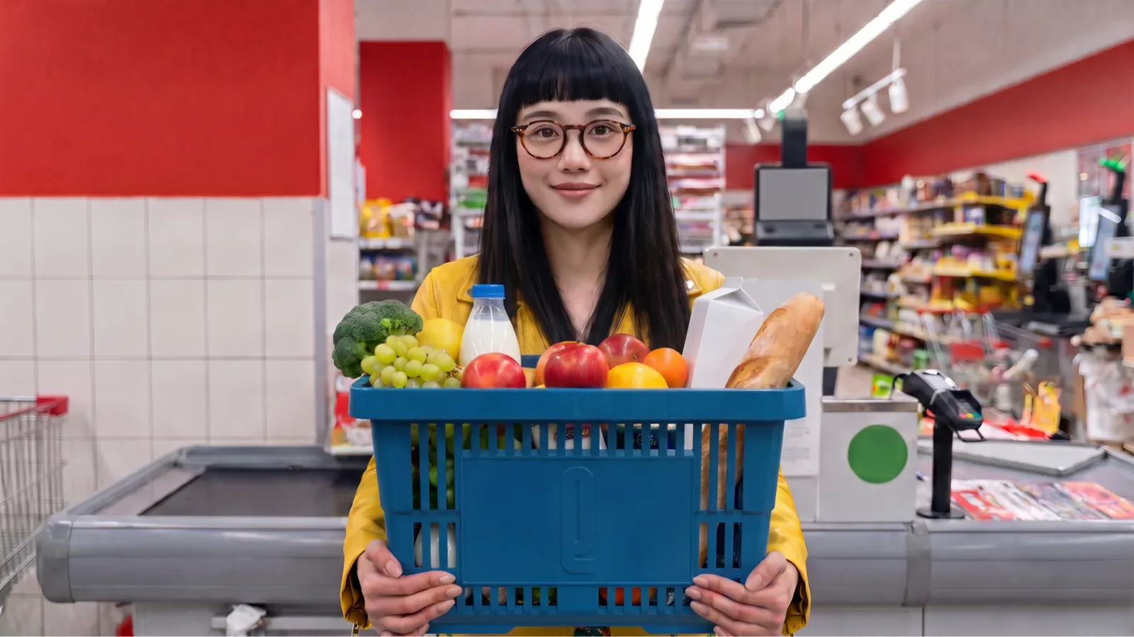 Mulher sorrindo atrás da cesta azul esperto cheia de compras no supermercado