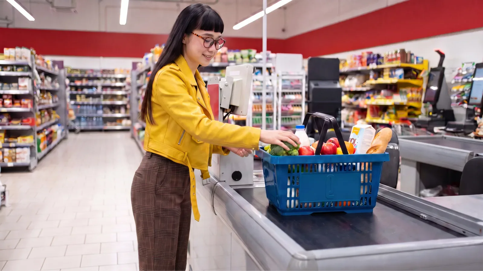 Mulher de perfil colocando compras na esteira do caixa do supermercado